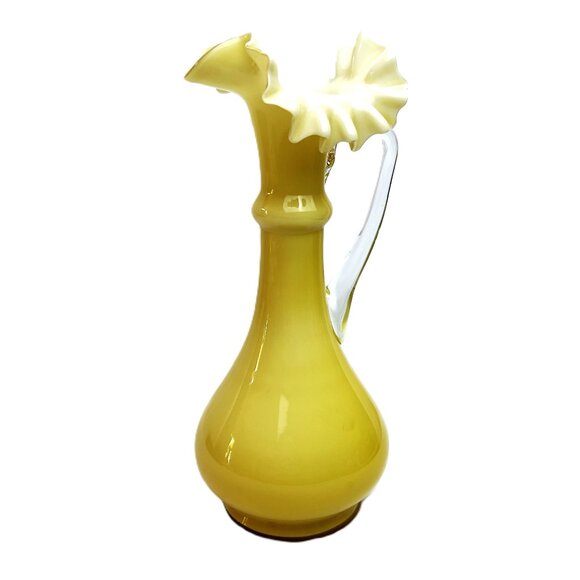 Empoli Style Vintage Yellow Cased Glass Pitcher Vase Ruffled Rim & Clear Handle - Picture 1 of 10